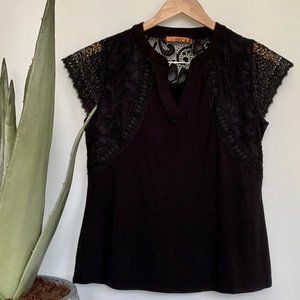 Beldrini Lace and stretch jersey top black NWT